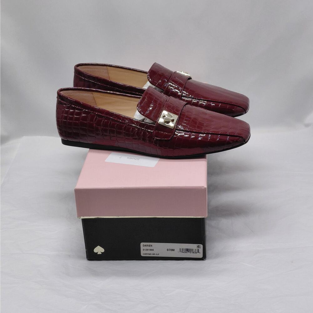 Kate Spade Womens Loafers Sz 7 Burgundy Croc Patent Quiet Luxury Old Money Flats